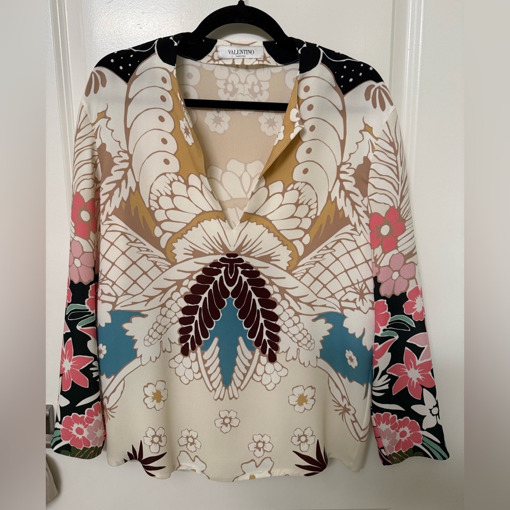 NWOT Valentino 100% Silk Floral Printed Cady V-Neck Tunic - Size 40 (US 8)